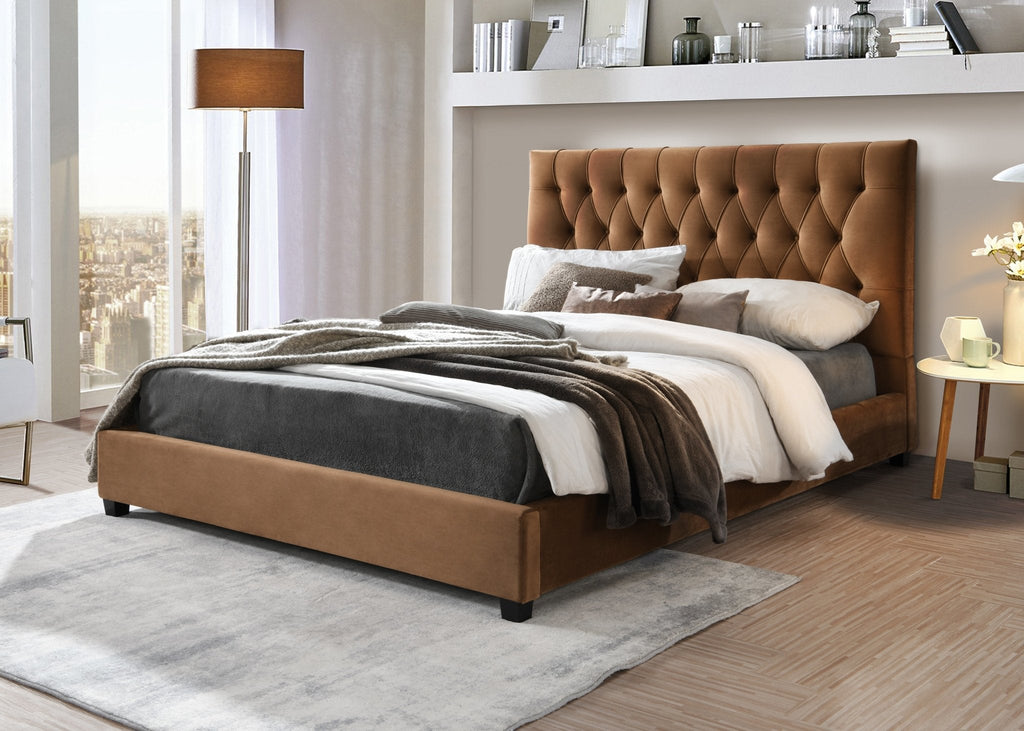 Eldridge Platform Bed (King - Cognac Velvet) | Mid in Mod | Houston TX | Best Furniture stores in Houston