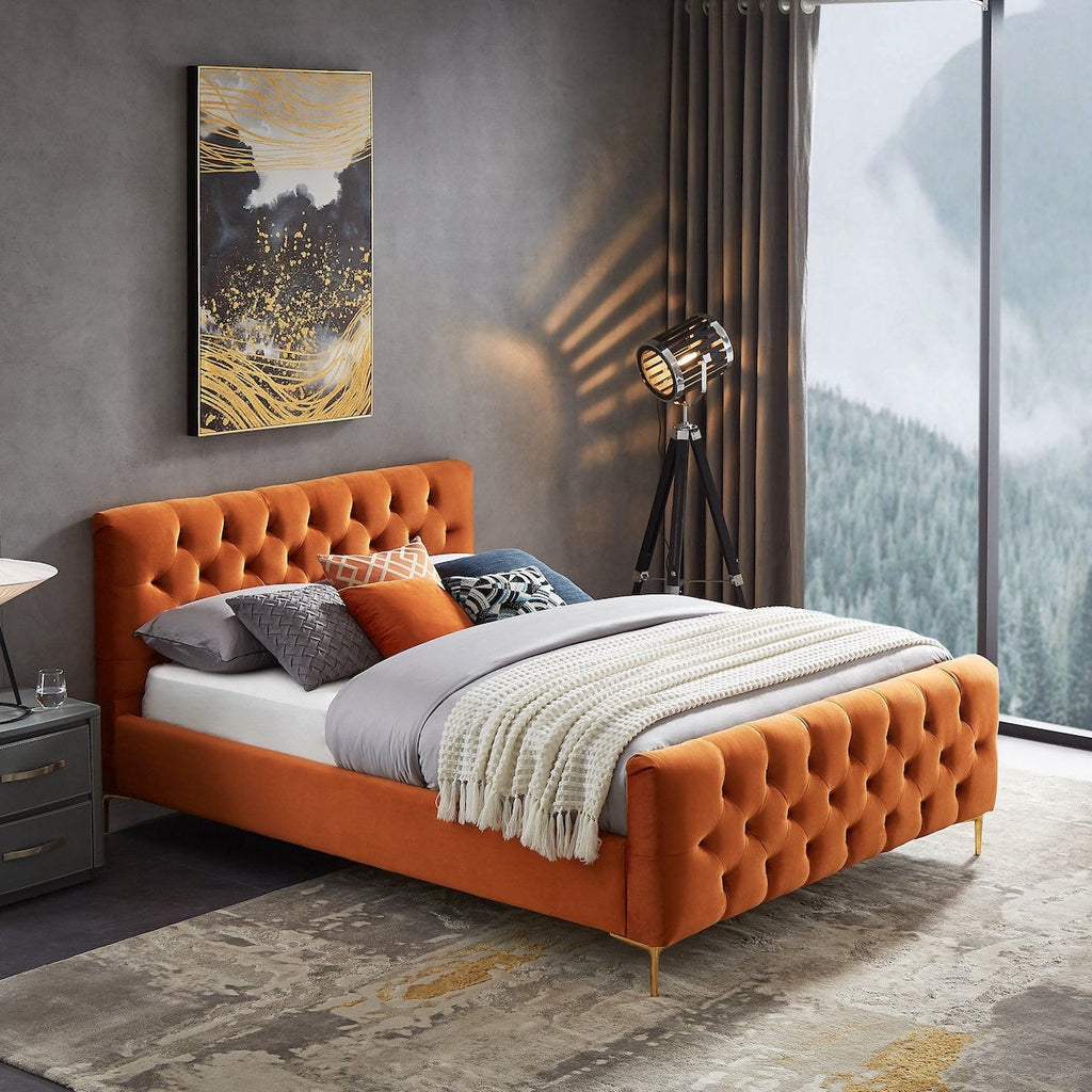 Beverly Platform Bed (Queen - Orange Velvet) | Mid in Mod | Houston TX | Best Furniture stores in Houston