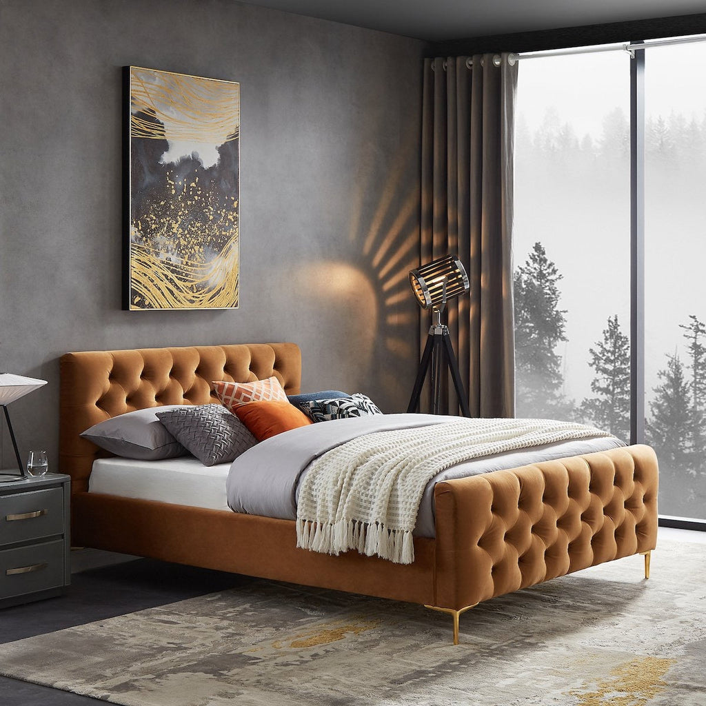 Beverly Platform Bed (Queen - Cognac Velvet) | Mid in Mod | Houston TX | Best Furniture stores in Houston